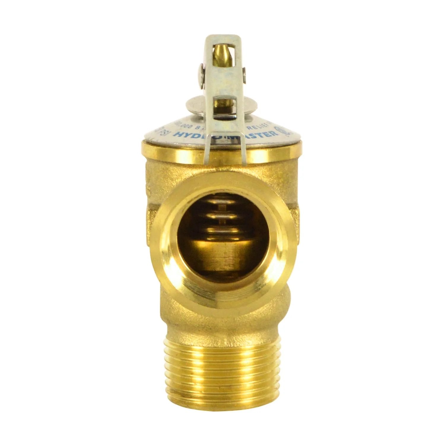 Front view of Premium Hot Water Safety Relief Valve For Home Use Three Quarters Inch NPT Thread Thirty PSI ASME Brass Body.