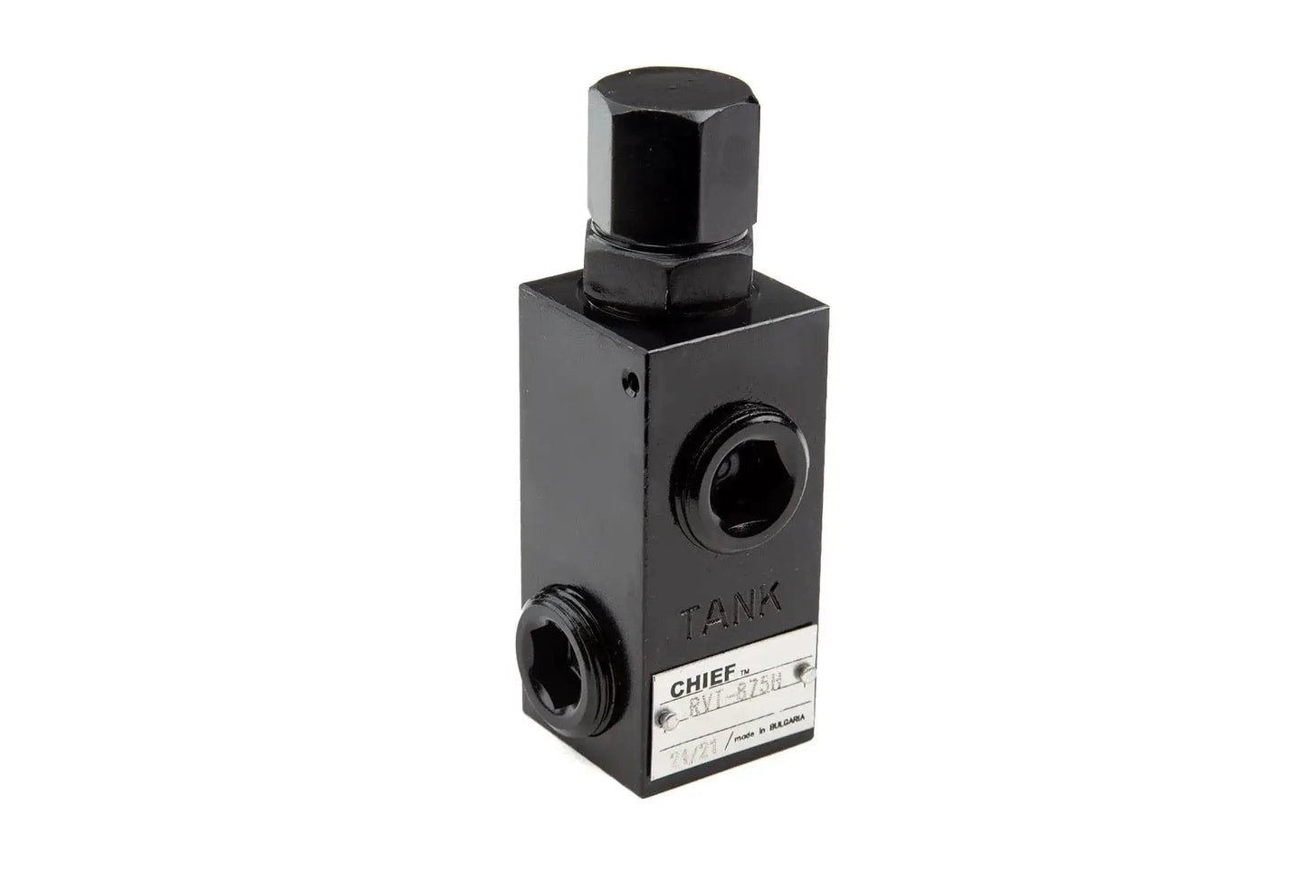 Adjustable Hydraulic Relief Valve For High Pressure Systems 1000–2500 PSI 16 GPM Flow Half Inch NPTF Port, alloy steel body.