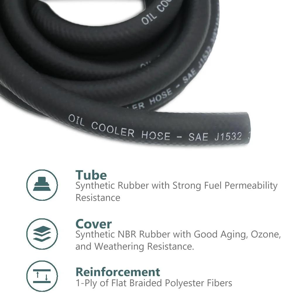 Five Sixteenth Inch Transmission Oil Cooler Hose 300 PSI Working Pressure Heavy Duty 10 Ft Length With 14 Mm Outer Diameter -40 F To 302 F NBR Synthetic Rubber 1-Ply For Transmission Fluid Oil Coolant Diesel Hydraulic Fluid Gas For Cars And Trucks showing tube and cover details