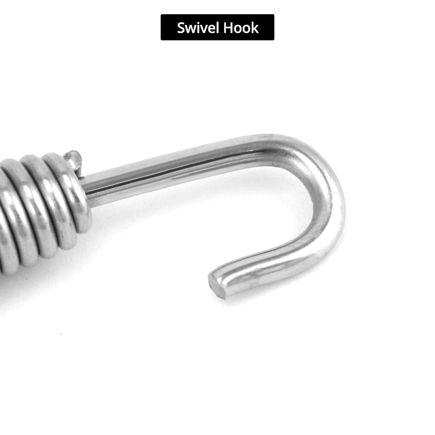 Close-up of a swivel hook on a Premium Stainless Steel Motorcycle Exhaust Spring 8 Pack With Swivel Hook Design Anti Binding 68mm 2.68 Inch For Muffler Pipes Built Tough Durable Fitment By QWORK.