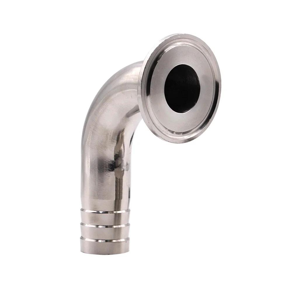 Front view of Sanitary Hose Barb Pipe Fitting 90 Degree Elbow For Rubber Hoses One Half Inch Barb 1.5 Inch Tri Clamp Ferrule 50.5mm Tube OD 12mm Dual End Hose Connection Tight Seal With Hose Clamp Pro Grade