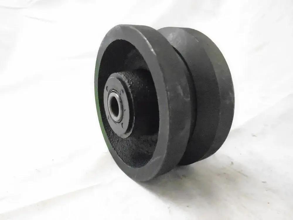 Heavy Duty 4X2 Inch V Groove Iron Steel Caster Wheel Set With Seven Eighths Inch Roller Bearing 600 Lbs Capacity Each Black Finish