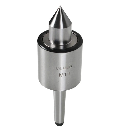 MT1 Medium Duty Live Center with 60 Degree Point and 0.0002 Inch Concentricity, hardened 61-65 HRC, shown in close-up view.