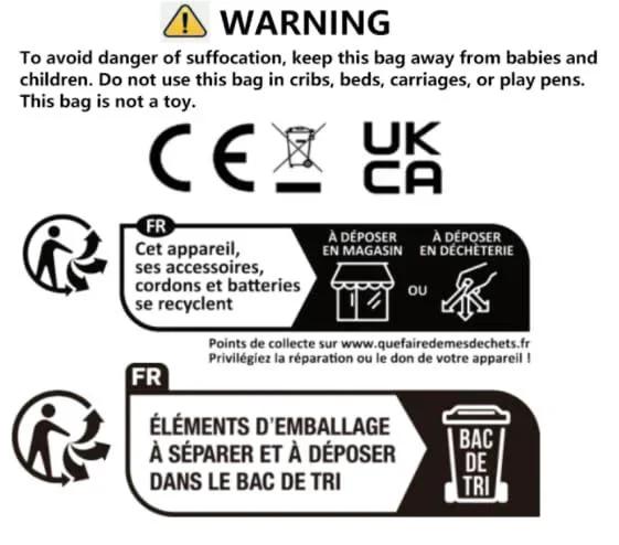 Product packaging warning label in multiple languages with recycling symbols, safety instructions, and CE, UKCA marks.