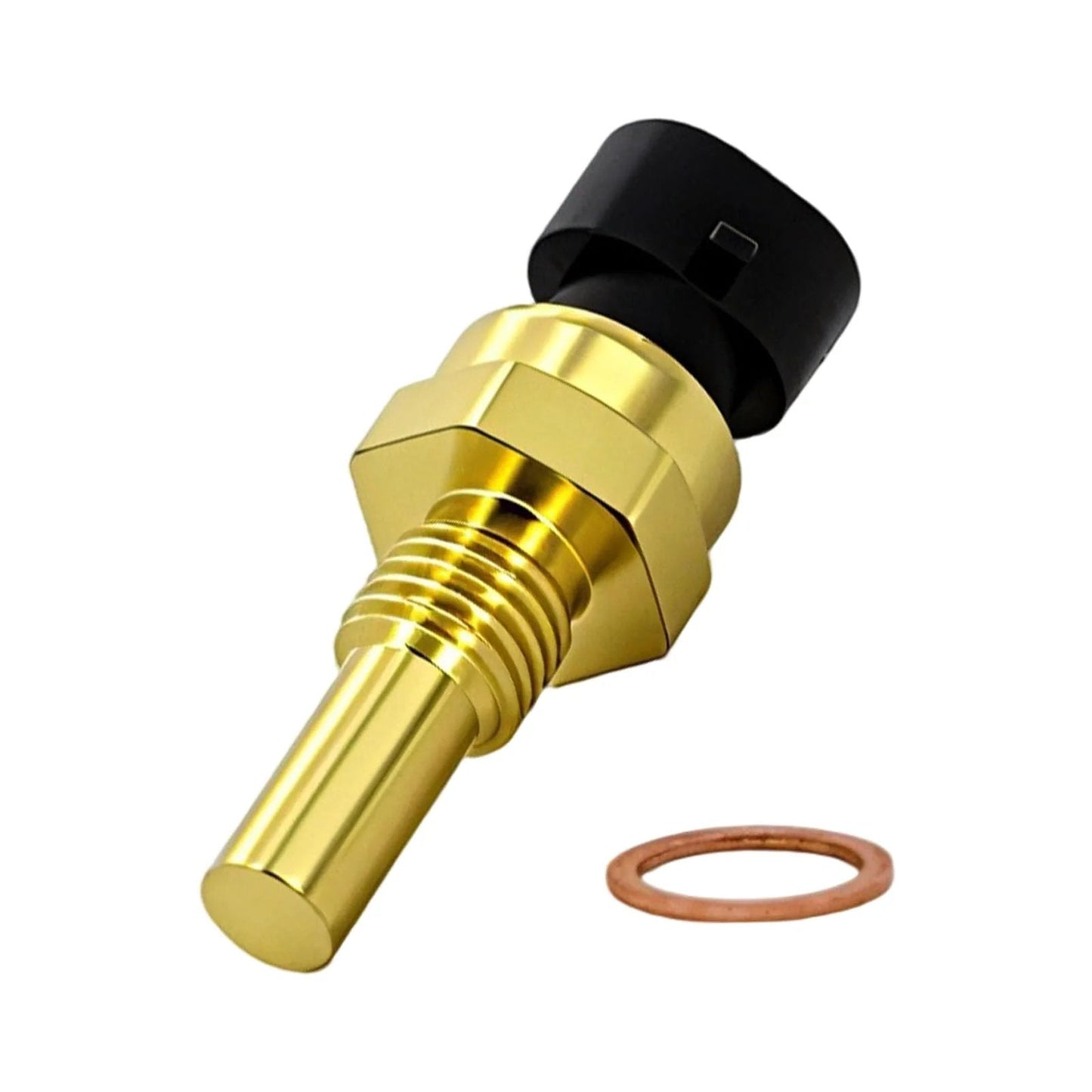 Engine Coolant Temperature Sensor Compatible With Chevy SUVs And Trucks Including Avalanche Impala Trailblazer Suburban 1500 2500 HD Express Silverado GMC Envoy Sierra Yukon Savana Saturn ABIGAIL Quality Replacement Sensor, front view with copper washer.