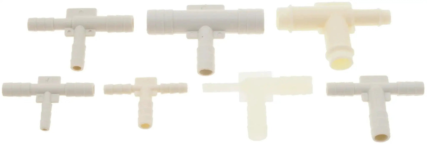 Assorted T-shaped connectors from All In One Vacuum Tubing Connector Kit With Universal Fit No Sweat Versatility Includes Assorted Shapes Straight T Y F And L For Quick DIY And Auto Projects Built From Durable Plastic Or Heat Resistant PVC For Long Life Multiple Sizes Dorman 47328.
