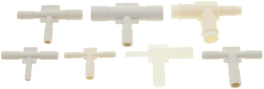 Assorted T-shaped connectors from All In One Vacuum Tubing Connector Kit With Universal Fit No Sweat Versatility Includes Assorted Shapes Straight T Y F And L For Quick DIY And Auto Projects Built From Durable Plastic Or Heat Resistant PVC For Long Life Multiple Sizes Dorman 47328.