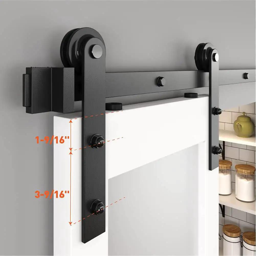 Heavy Duty Sliding Barn Door Roller Hanger With Anti Jumper Stopper Floor Guide And Accessories, black finish, installed view