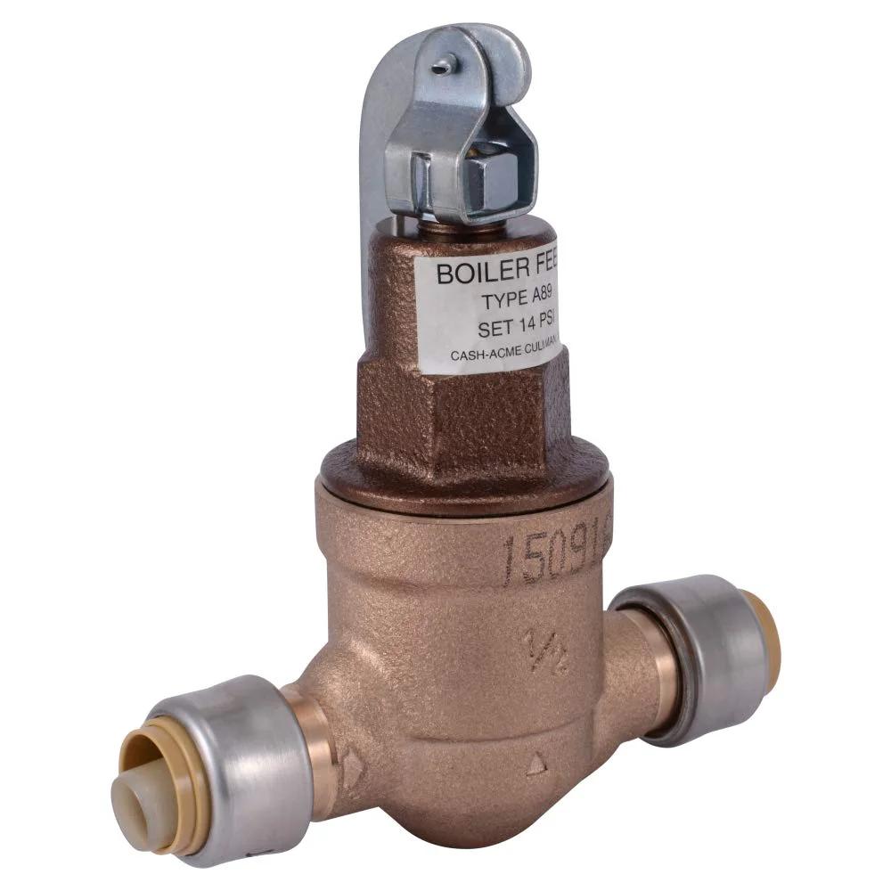 Front view of 1/2 Inch Boiler Feed Valve With Pressure Reducing Function And Push To Connect Brass Fittings For PEX Copper CPVC PE-RT Systems, Anti-Scald Safety, SharkBite A89 PRV 25521Z.