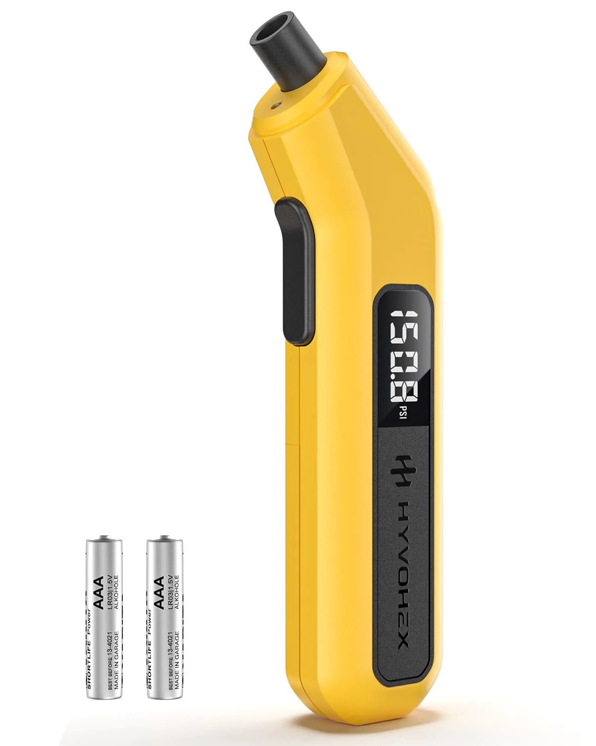 Fast And Accurate Digital Tire Pressure Gauge With Backlit LED Display, 200 PSI For Cars, Trucks, Motorcycles, And Bicycles, Real Time Readout, AAA Battery Powered, ANSI Certified 0.1 PSI Precision, HYVOHEX in yellow with display and batteries