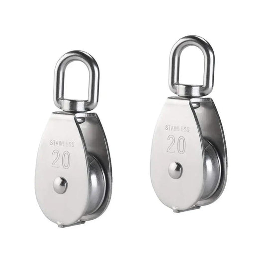 Front view of 2 Pcs 304 Stainless Steel M20 Silver Single Pulley Block For Wire Rope Hanging And Towing Wheel 20mm Wheel Diameter 8mm Groove Width
