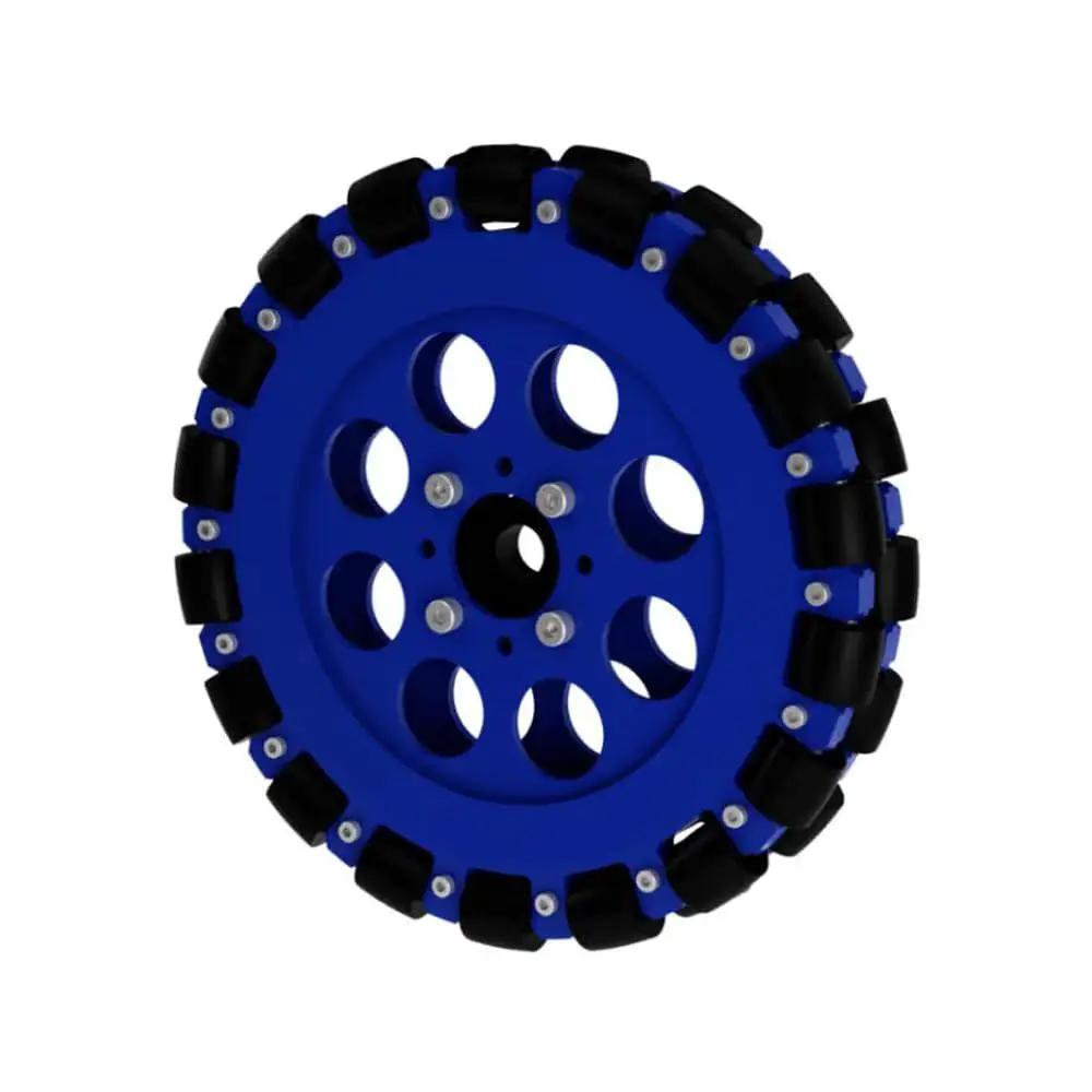 8 Inch Omnidirectional Robot Wheel Set Dual Omni Wheels with 203mm Metal Drive Hubs, showcasing blue and black wheel design