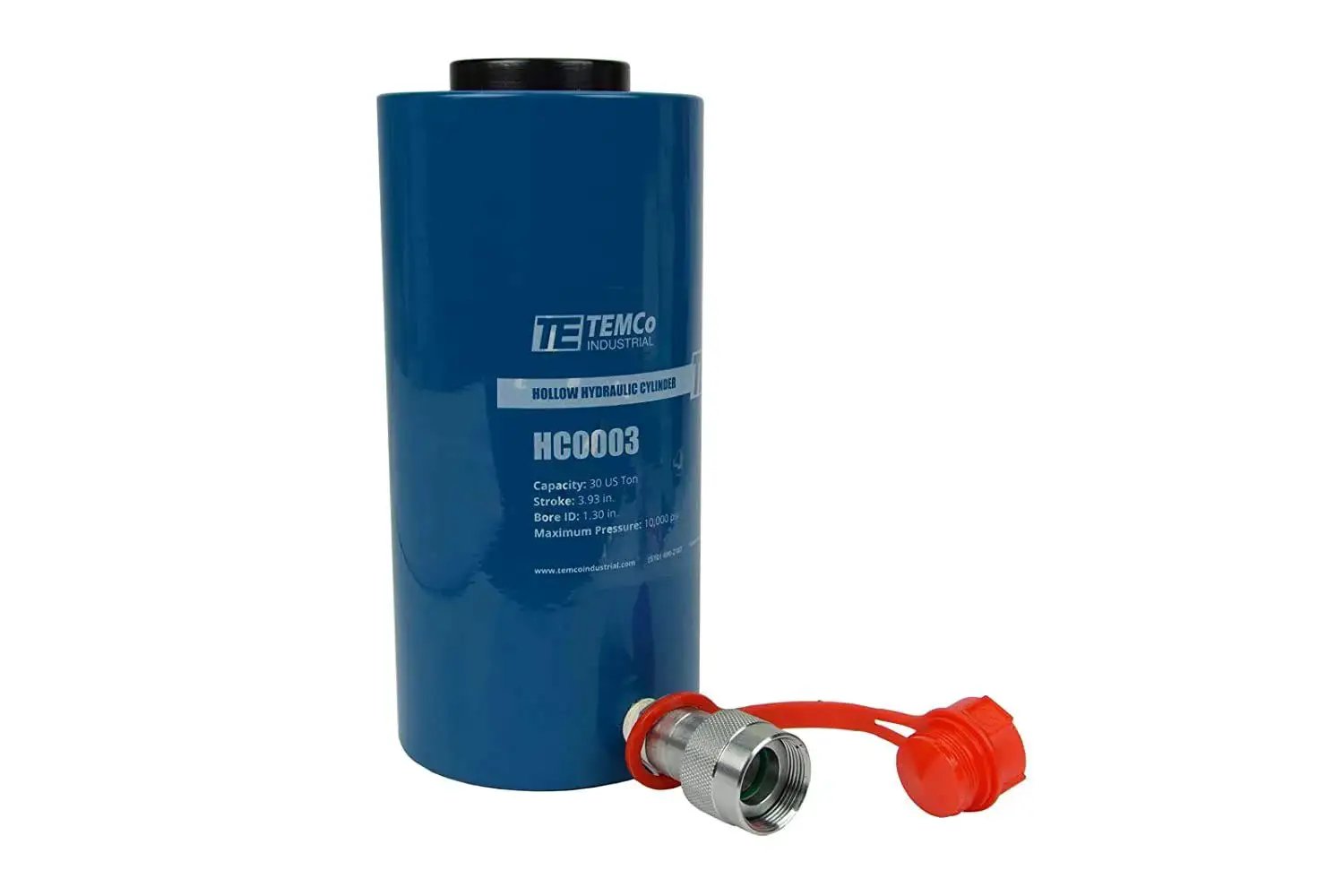 Hollow Hydraulic Cylinder Ram 30 Ton, 4 Inch Stroke, 10000 PSI, Quick Coupler in blue with connector on the side.