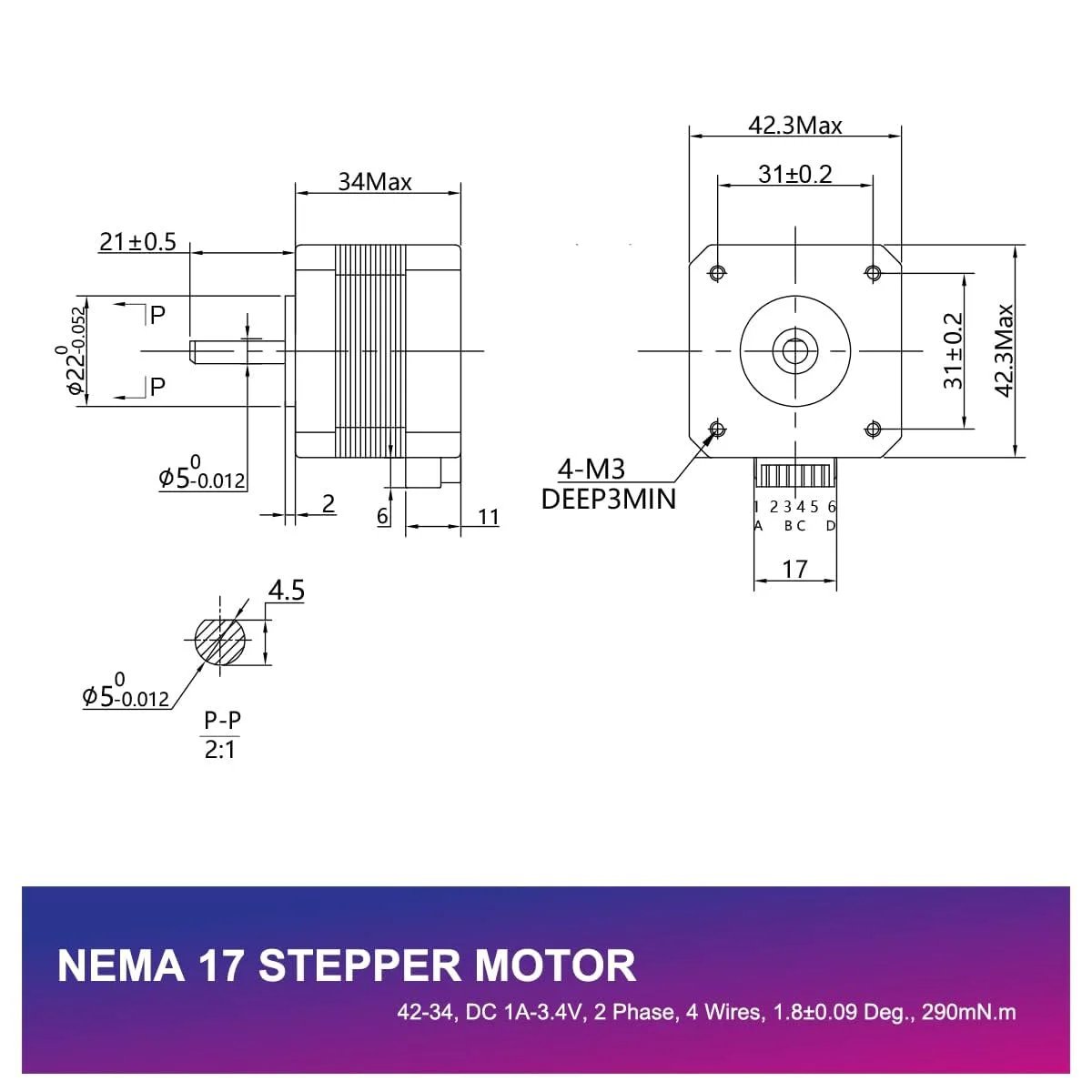 Diagram of Nema 17 Stepper Motor for 3D Printers Pack of 3 42x34mm 2 Phase 4 Wires with dimensions