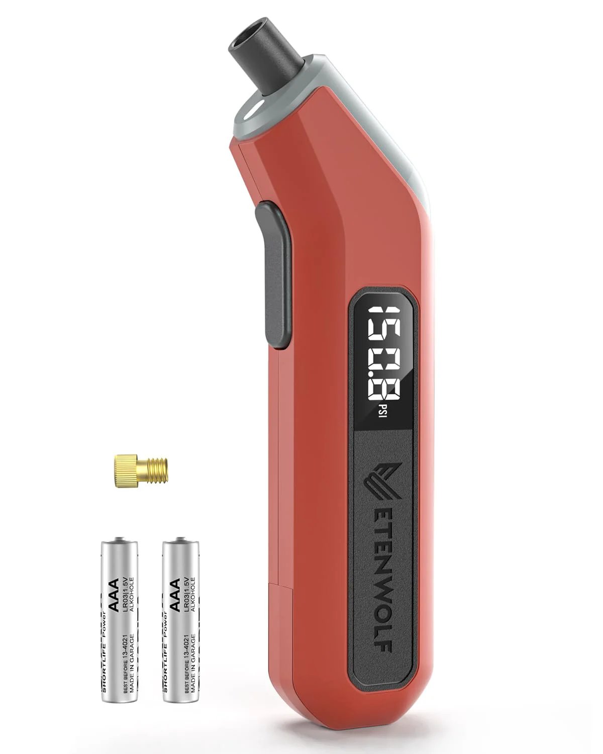 Digital Tire Gauge With Bright LED Display 200 PSI By ETENWOLF T300 Plus Vivid Orange Includes Presta Valve Adaptor And ANSI B40.7 Grade 2A Accuracy