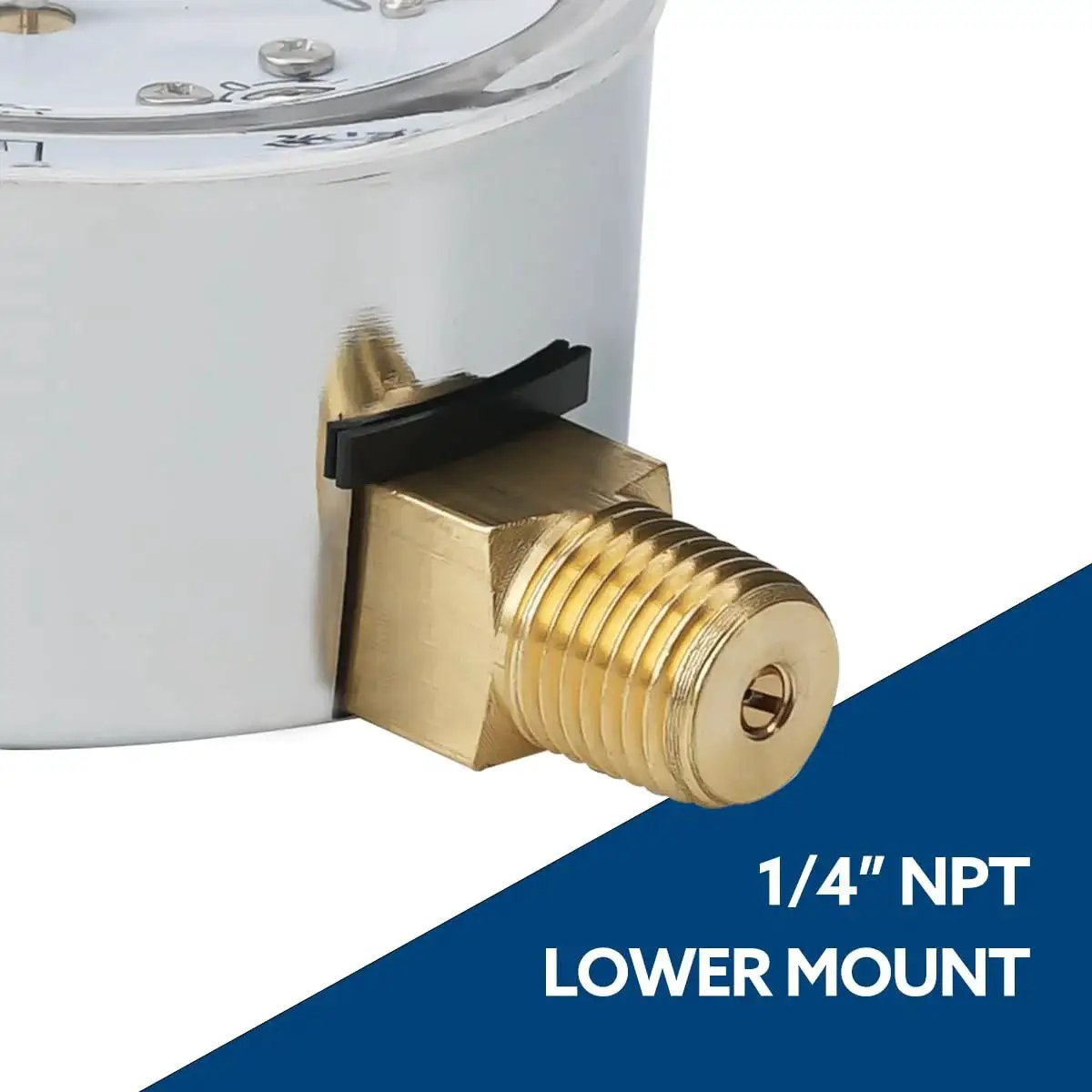 Close-up of Low Pressure Capsule Gauge 0 to 3 Psi for Air Water and Gas Testing, showing 1/4 inch NPT lower mount in brass.