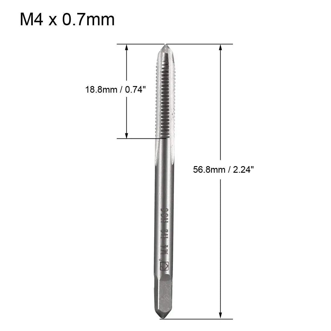 M4 X 0.7mm High Speed Steel Machine Tap 3 Flute Straight Taps metalworking tool image with dimensions visible