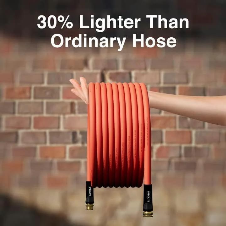 Hot And Cold Rubber Garden Hose Five Eighth Inch Fifty Foot Long With Brass Fittings, coiled and held in hand