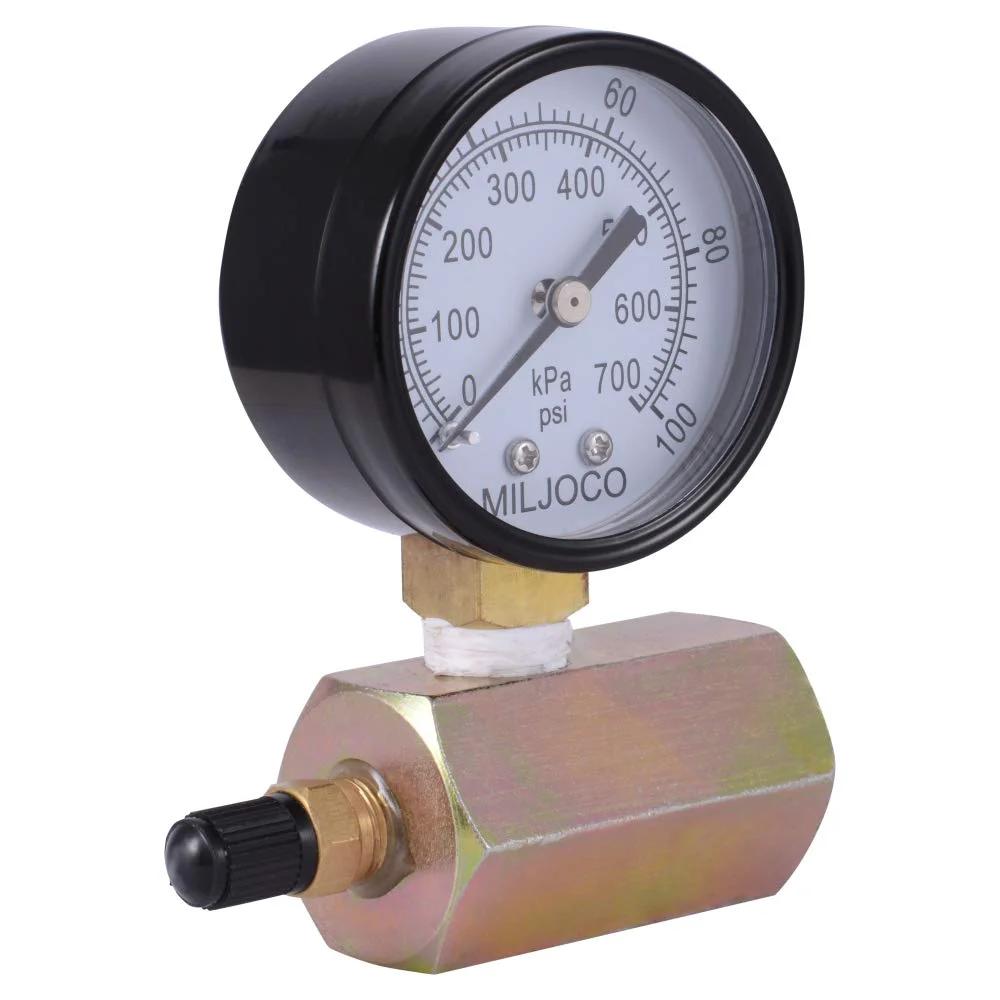 Three Quarter Inch Push To Connect Pressure Test Kit With Brass Fittings For PEX Copper CPVC Plumbing 0 To 100 PSI Steel Dial Gauge FNPT MNPT Compatible Easy DIY Pressure Test Tool, close-up view of dial gauge.