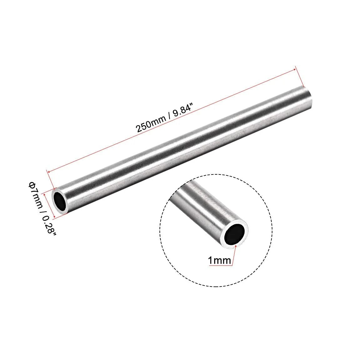 Rugged 304 Stainless Steel Round Tube 7mm OD 1mm Wall 250mm Length Seamless Pipe Tube For Metal Fabrication DIY Projects