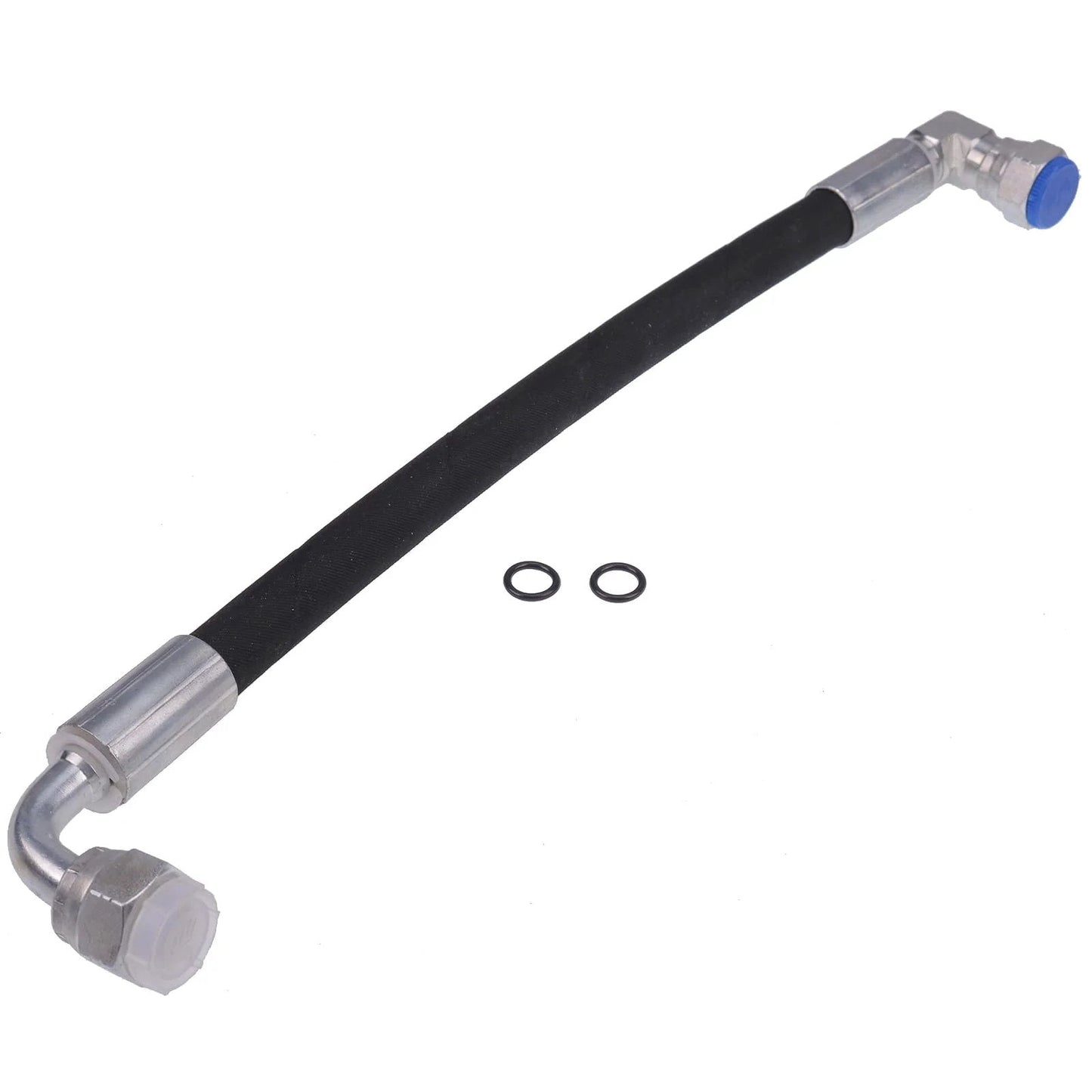 Heavy Duty Hydraulic Hose AW29374 for John Deere Front Loaders with metal fittings, black rubber, and included O-rings for D120 H120 H130 models.