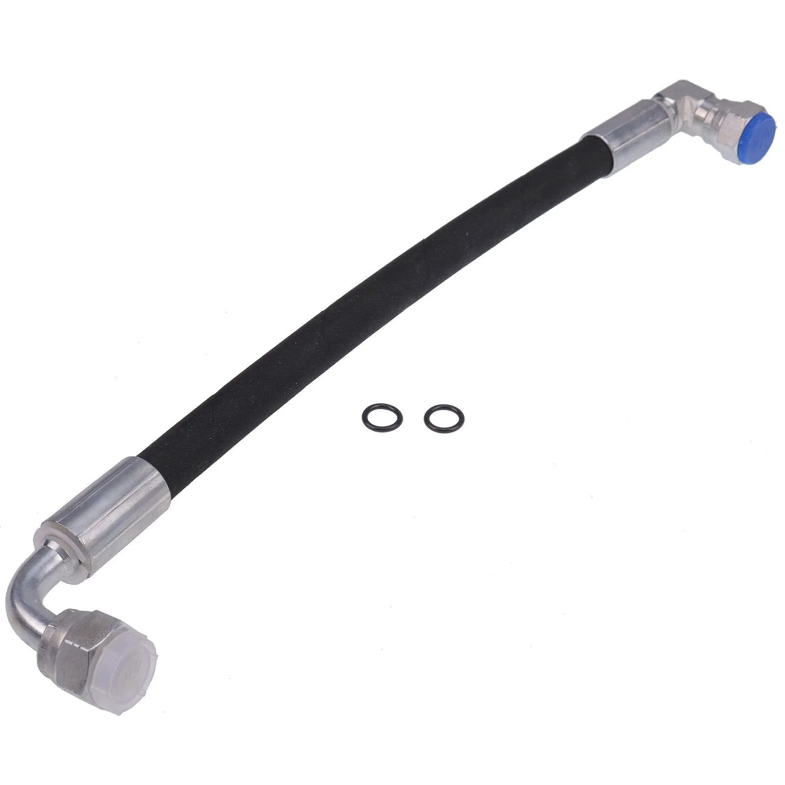 Heavy Duty Hydraulic Hose AW29374 for John Deere Front Loaders with metal fittings, black rubber, and included O-rings for D120 H120 H130 models.