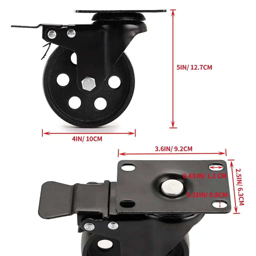 Heavy Duty 4 Inch Cast Iron Swivel Plate Caster with Dual Locking Brakes for Tables and Carts, 2000 Lb Total Capacity
