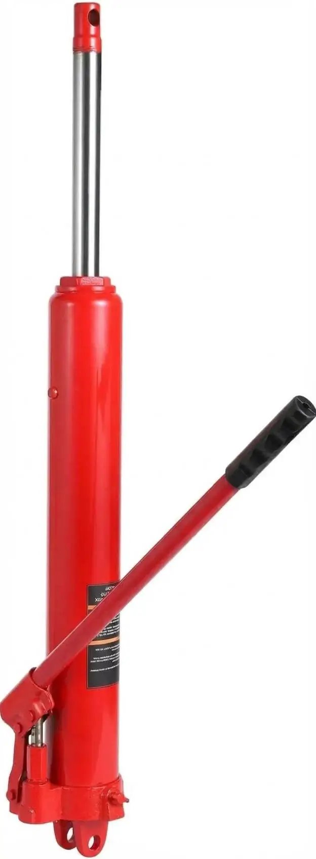 Side view of a red 8 Ton Long Ram Hydraulic Jack With Clevis Base And Air Pump For Engine Hoists, showcasing lifting handle.