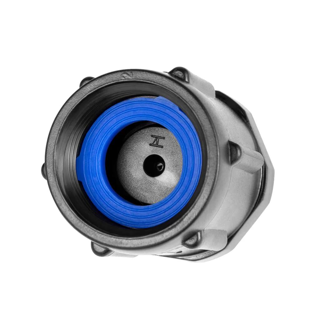 Close-up of the end view of Two Pack Garden Hose Pressure Regulator 25 PSI Three Quarter Inch Female Hose Thread Three Quarter Inch Male Hose Thread Distributing Regulator For Drip Irrigation Systems And Drip Line Emitters Easy Install.