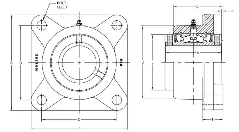 Technical diagram of Heavy Duty 3 Inch Type E Four Bolt Flange Bearing Replaces Timken E4BF TRB 3 for farm and industrial use.