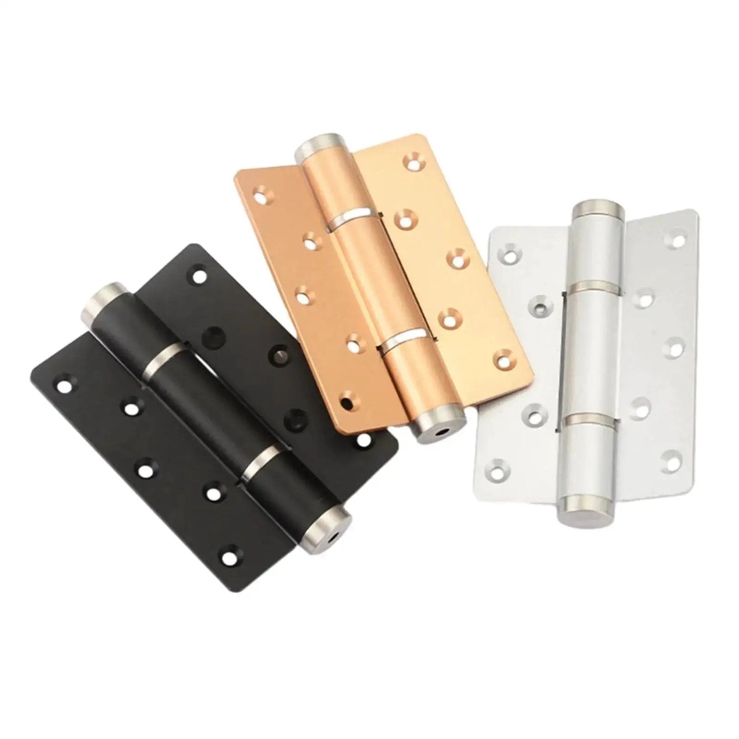Three different colored hinges including black, gold, and silver, shown side by side, representing Two Pack Invisible Self Closing Hydraulic Door Hinges For Cabinets And Furniture Whisper Quiet Aluminum Alloy Hinges With High Load Capacity Gold Finish Durable And Smooth Motion For Kitchen Cabinets And Dressers