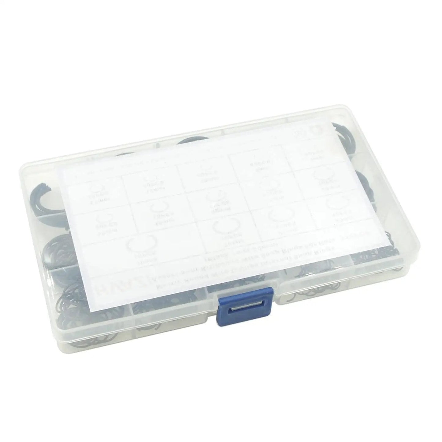 Clear plastic box of Pro Grade 310-Piece Round Wire C Clip Snap Ring Set with sizes for holes 7mm to 30mm