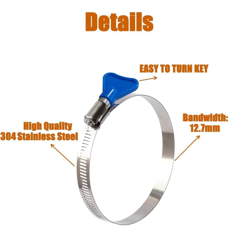 Beefy 2 Pack 4 Inch Key Type Worm Gear Hose Clamps 304 Stainless Steel Rust Resistant Adjustable 91 to 114 Mm Heavy Duty Clamps