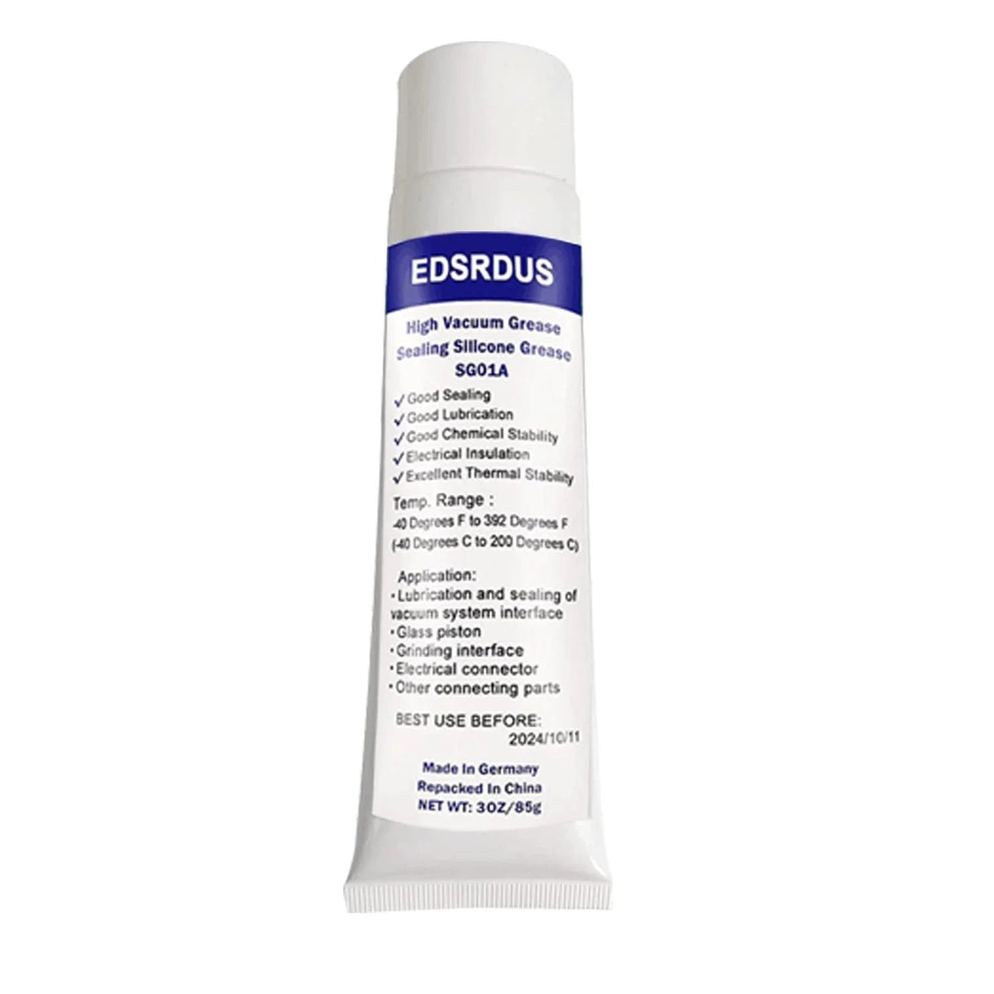 Pro Grade High Vacuum Grease for Sealing and Insulation in a 3 oz tube with detailed labeling for glass pistons and electrical systems.