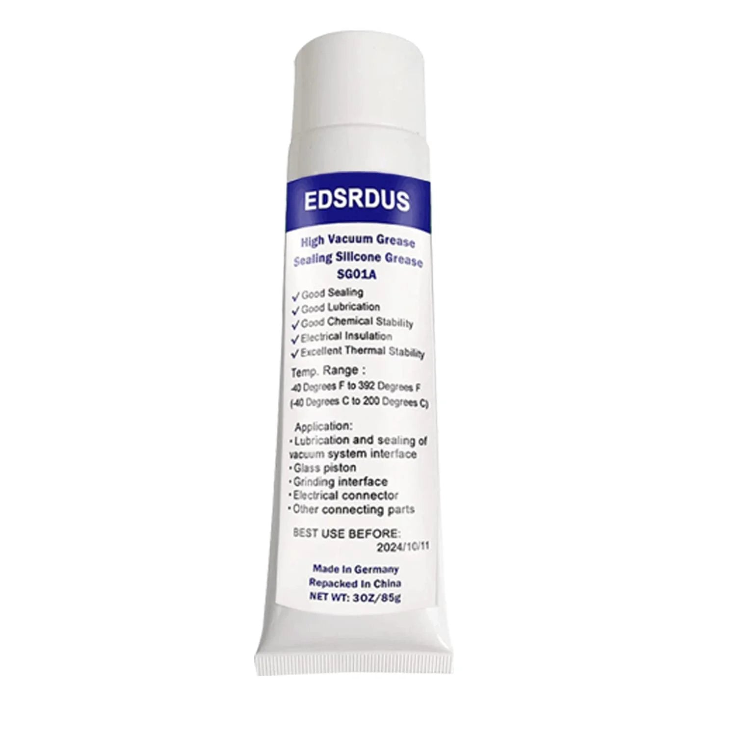 Pro Grade High Vacuum Grease for Sealing and Insulation in a 3 oz tube with detailed labeling for glass pistons and electrical systems.
