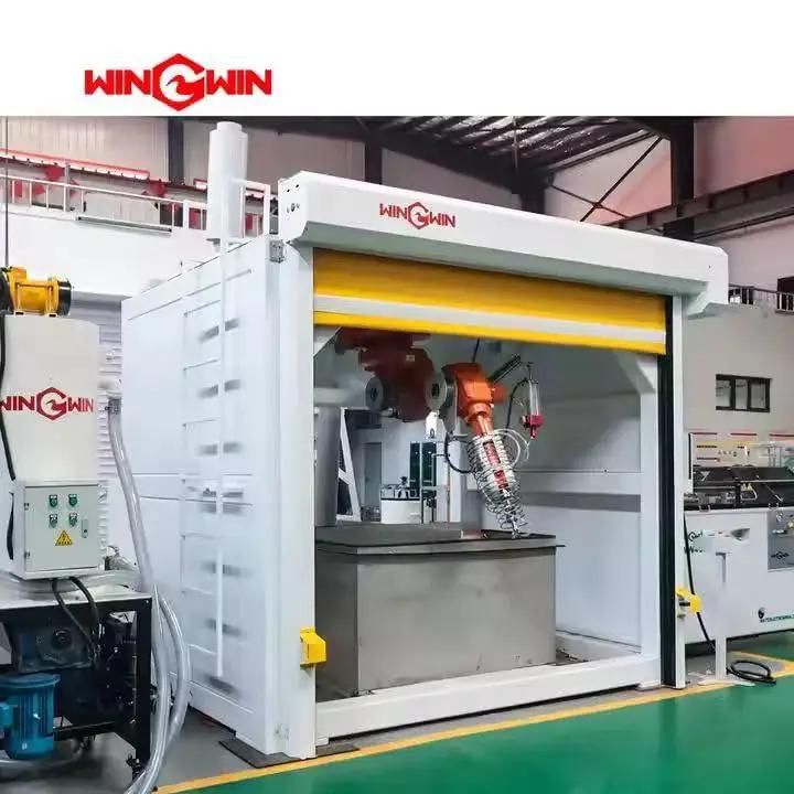 Industrial waterjet cutting machine setup in manufacturing facility with visible robotic arm and control unit.