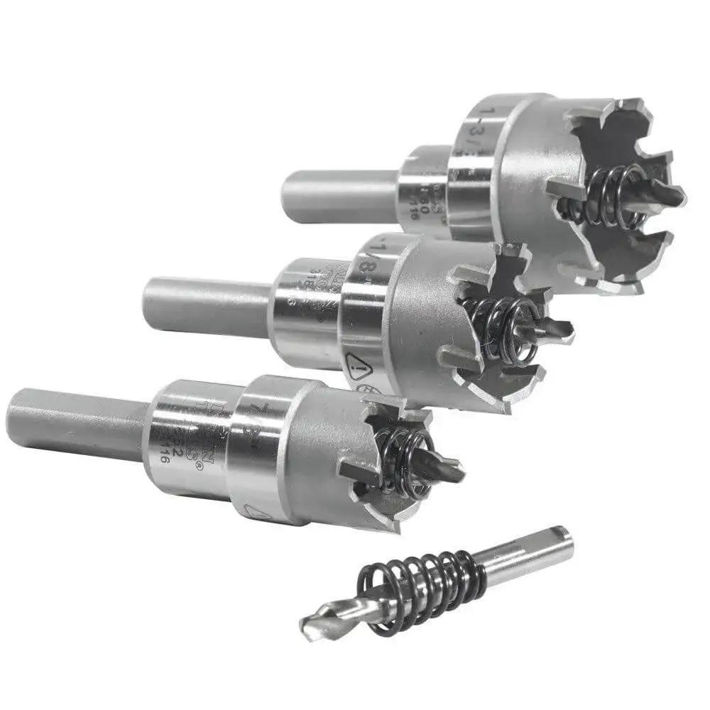 Heavy Duty Beast Carbide Hole Saw Kit With Pilot Bit In Rust Proof Molded Plastic Case Includes Three Hole Saws 7/8 Inch 1-1/8 Inch 1-3/8 Inch Plus One More Size For Quick Precise Drilling In Stainless Steel Mild Steel Iron Copper And Brass.