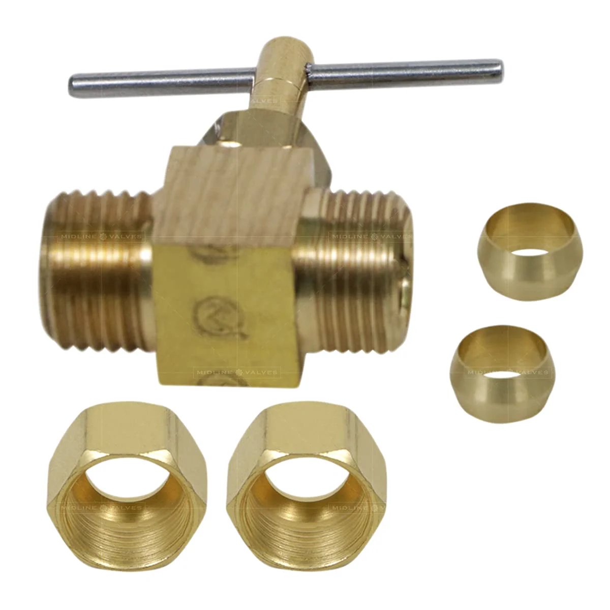 Three Eighths Inch Compression Needle Valve for Potable Water and Instrumentation Systems with brass fittings, side view