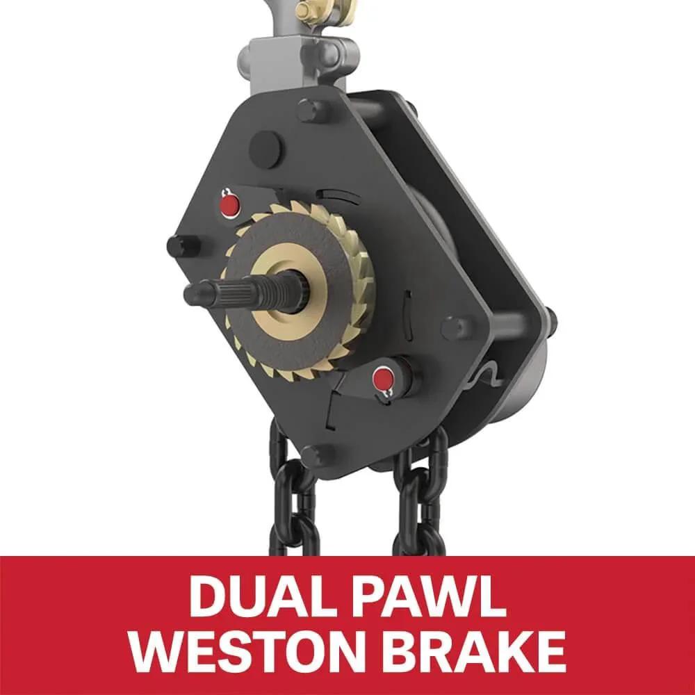 Close-up of the Weston-Style Double Pawl Brake on Three Quarter Ton Lever Hoist With 10 Ft Lift JLP-075A-10 for safer lifting.