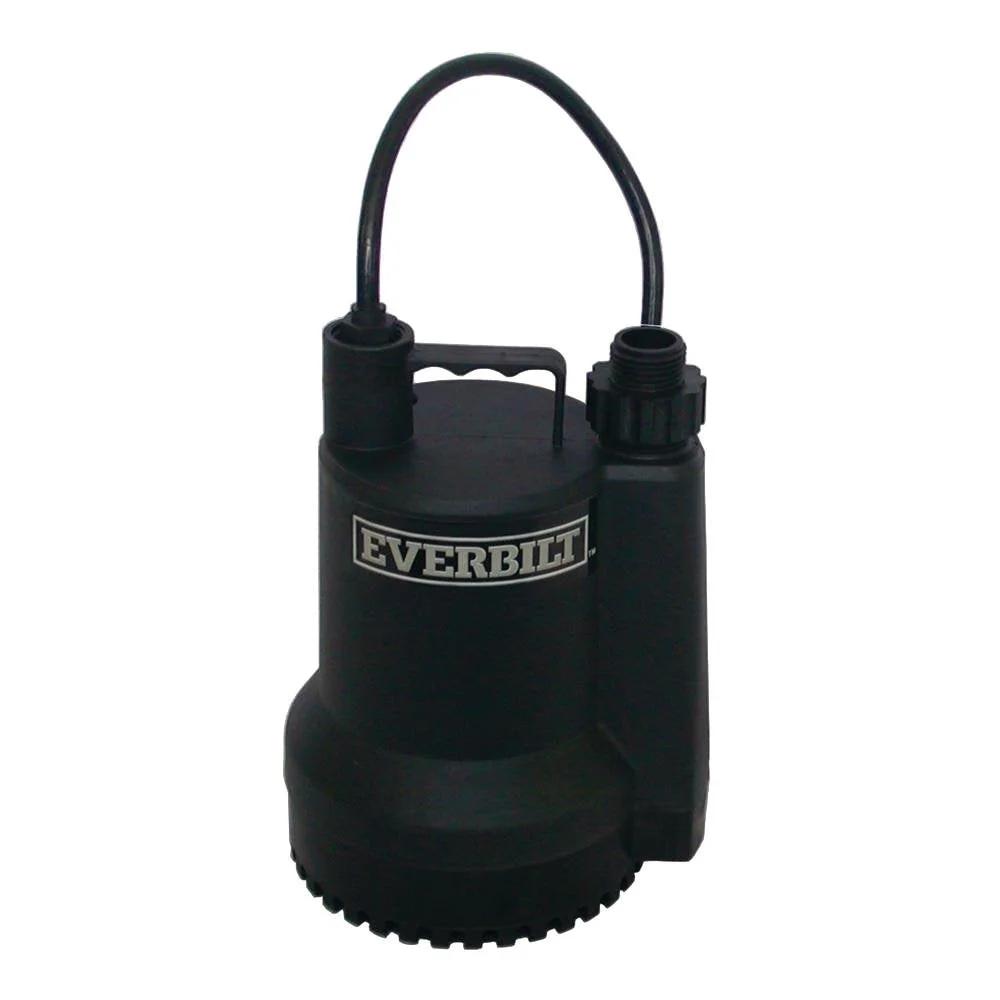 Powerful One Sixth HP Plastic Utility Pump For Home Basement Or Workshop Use, Refurbished And Tested To Look And Run Like New, Durable Black Plastic Body, Includes Accessories, Ships In Generic Repackaged Box, front view.