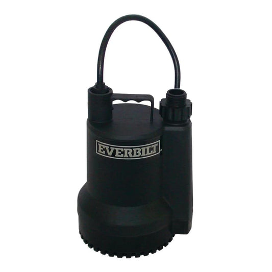 Powerful One Sixth HP Plastic Utility Pump For Home Basement Or Workshop Use, Refurbished And Tested To Look And Run Like New, Durable Black Plastic Body, Includes Accessories, Ships In Generic Repackaged Box - front view of pump.