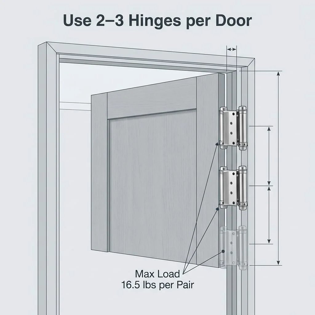 Diagram showing 3-inch stainless steel hinges on a door, Rugged Heavy Duty Double Acting Door Hinges For Cafe Saloon Doors.