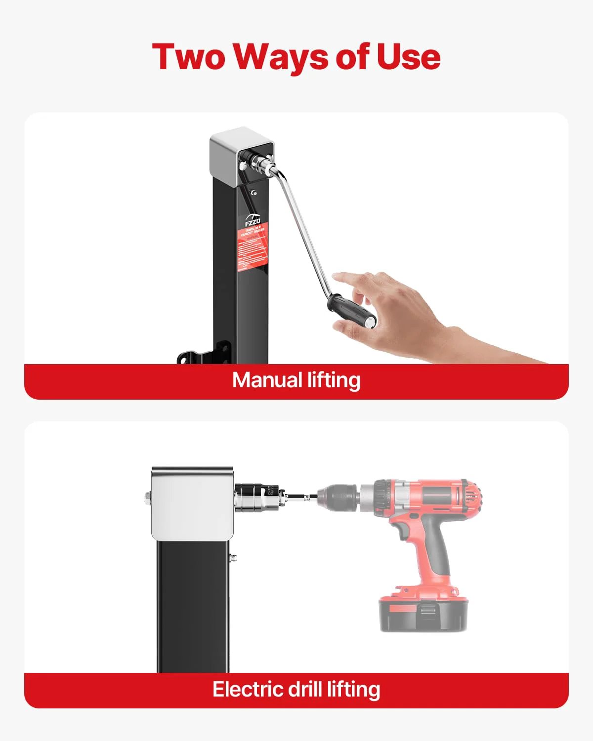 Top section of Beefy 8000 Lbs Heavy Duty Trailer Jack with manual crank; bottom section demonstrating 20-24V cordless drill compatibility.
