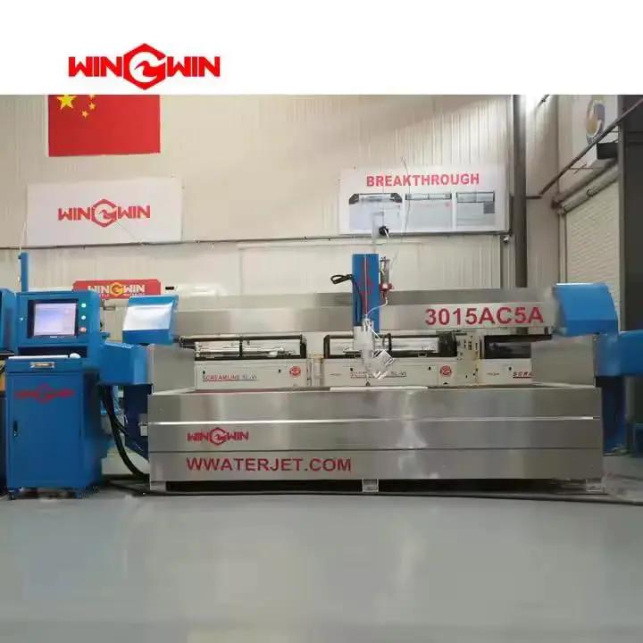 Industrial waterjet cutting machine inside a factory, showcasing control panels and cutting table, labeled 3015AC5A.