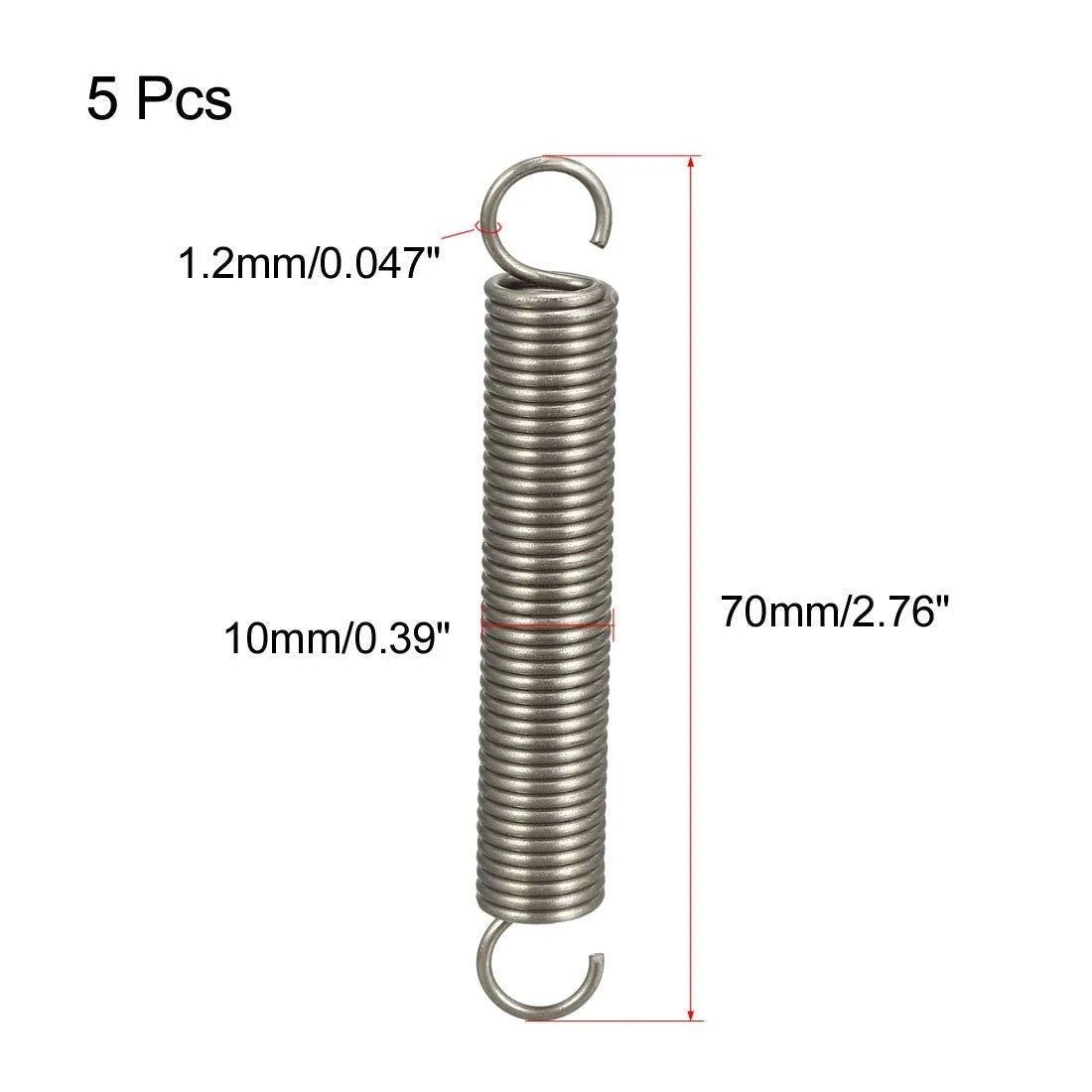 Durable stainless steel tension springs with a five-piece dual-hook set, 1.2mm wire, 10mm OD, 70mm length, ideal for DIY projects.