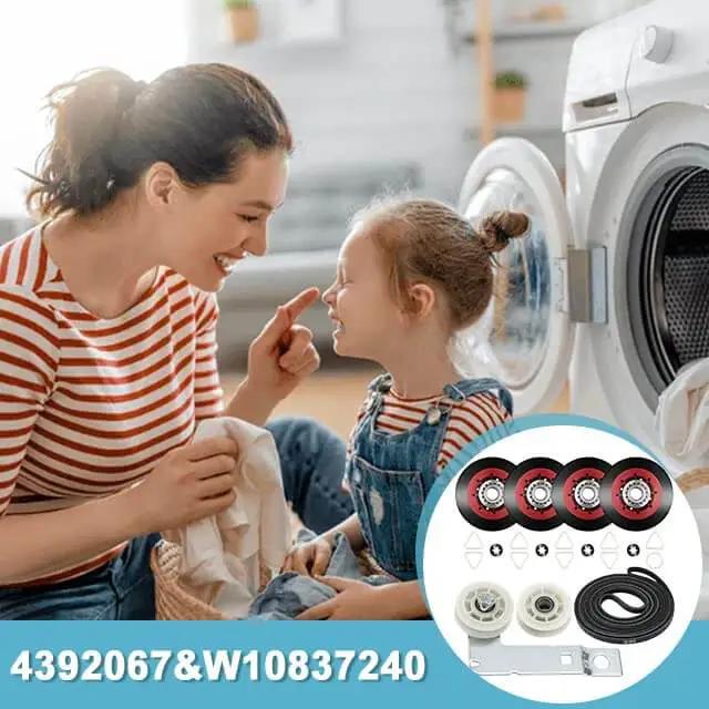 Mother and child doing laundry with 4392067 Dryer Repair Kit & W10837240 Idler Pulley, featuring rollers, belt, and parts for Whirlpool dryers.