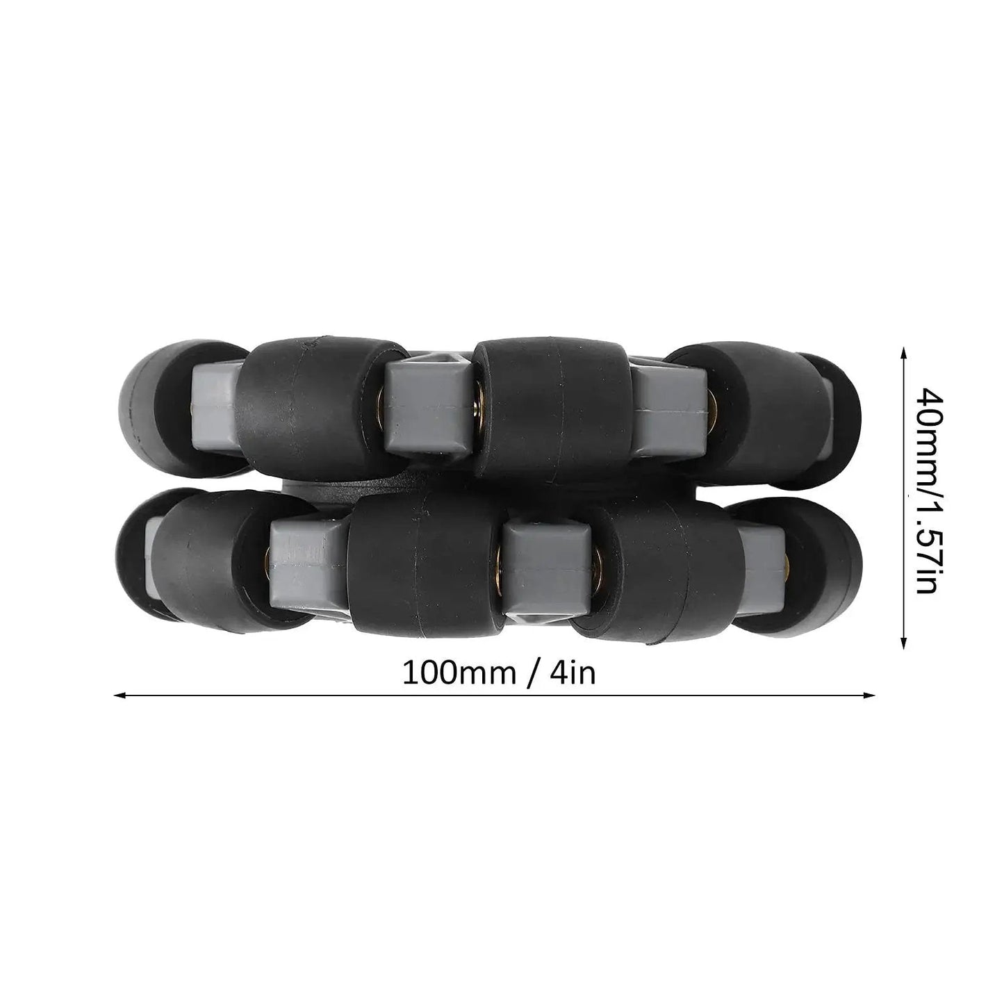 Omnidirectional 100mm double plastic wheel for robots with 360 degree mobility, durable rubber rollers, 20 kg load capacity, top view.