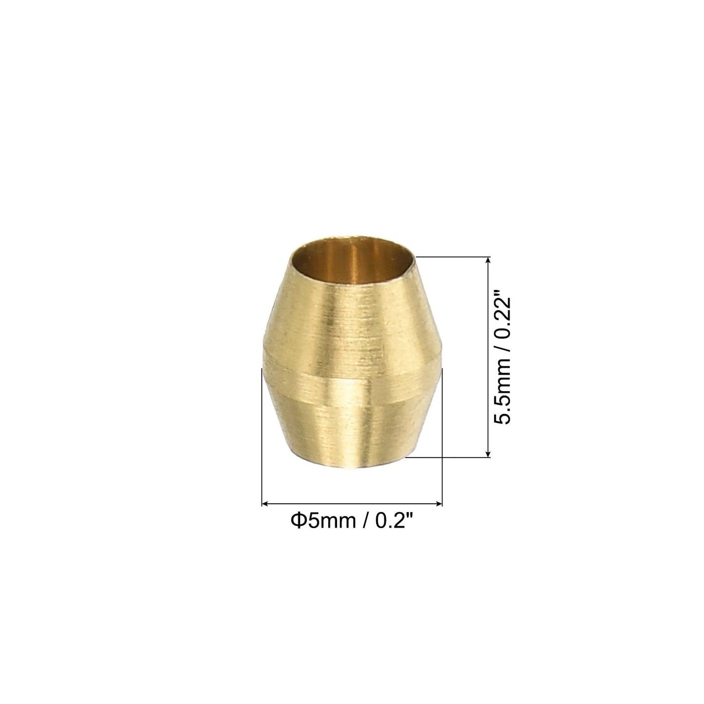 Brass Compression Sleeve Ferrules One Eighth Inch ID 2mm Tube Kit 10 Pack For Water Oil Air Lines High Pressure Corrosion Resistant Durable Fittings Assortment For DIY Plumbing, single sleeve with dimensions 5.5mm height by 5mm diameter visible.