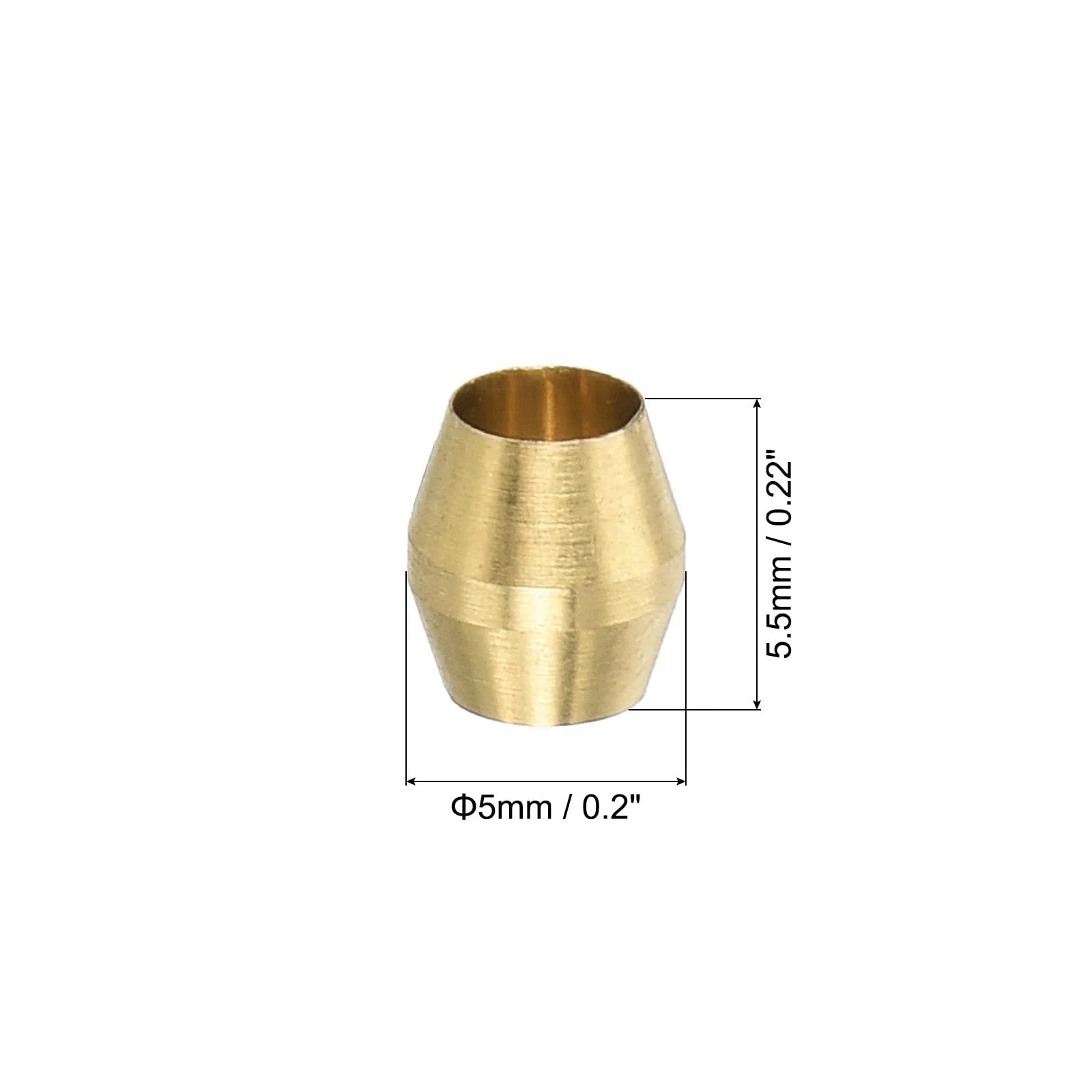 Brass Compression Sleeve Ferrules One Eighth Inch ID 2mm Tube Kit 10 Pack For Water Oil Air Lines High Pressure Corrosion Resistant Durable Fittings Assortment For DIY Plumbing, single sleeve with dimensions 5.5mm height by 5mm diameter visible.
