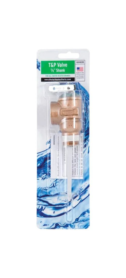 Temperature And Pressure Relief Valve For Water Heaters Replacement Part By Reliance 100108280 in packaging, gold color.